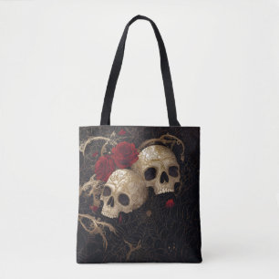 Schedels en rode rozen stijl ontwerp tote bag