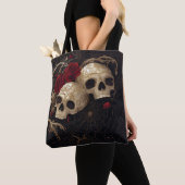Schedels en rode rozen stijl ontwerp tote bag (Dichtbij)