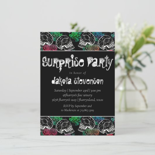 Schedels en rode rozen | Verrassingsfeestje voor m Kaart (Staand voorkant)