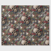 Schedels en Rozen Blauw Bloemen Gotisch Halloween Cadeaupapier (Vlak)