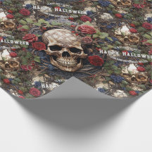 Schedels en Rozen Blauw Bloemen Gotisch Halloween