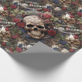 Schedels en Rozen Blauw Bloemen Gotisch Halloween Cadeaupapier