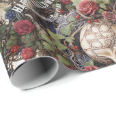 Schedels en Rozen Blauw Bloemen Gotisch Halloween Cadeaupapier (Rol Hoek)