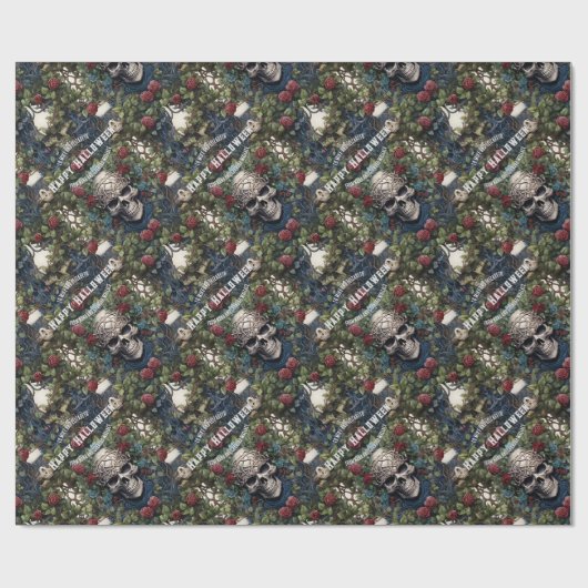 Schedels en Rozen Blauw Bloemen Gotisch Halloween Cadeaupapier (Vlak)