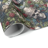 Schedels en Rozen Blauw Bloemen Gotisch Halloween Cadeaupapier (Rol Hoek)