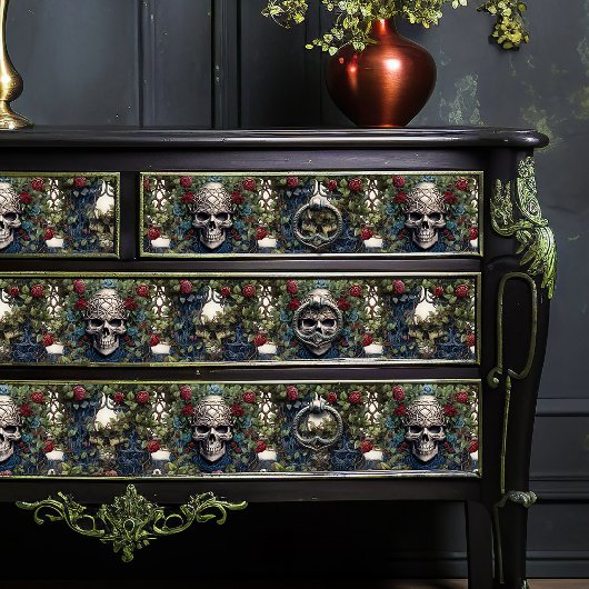 Schedels en Rozen Blauw Bloemen Gotisch Tissuepapier