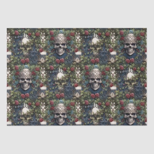Schedels en Rozen Blauw Bloemen Gotisch Tissuepapier (Voorkant)