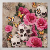 Schedels en Rozen met vlinderaccenten Poster (Voorkant)