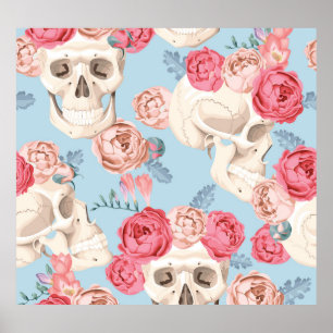 Schedels en Rozen Patroon Poster