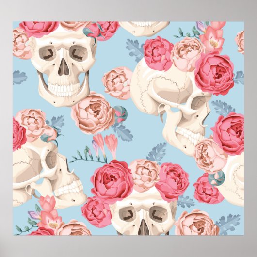 Schedels en Rozen Patroon Poster (Voorkant)