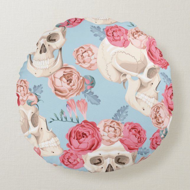 Schedels en Rozen  Patroon Rond Kussen (Voorkant)
