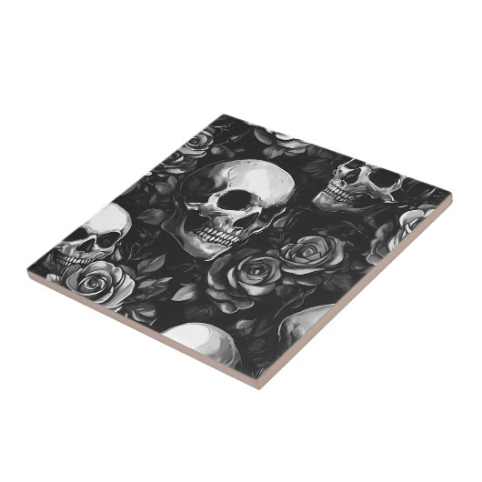 Schedels en Rozen zwart gotisch Tegeltje (Zijkant)