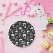 Schedels en Rozen zwart Halloween Papieren Bordje (Feest)