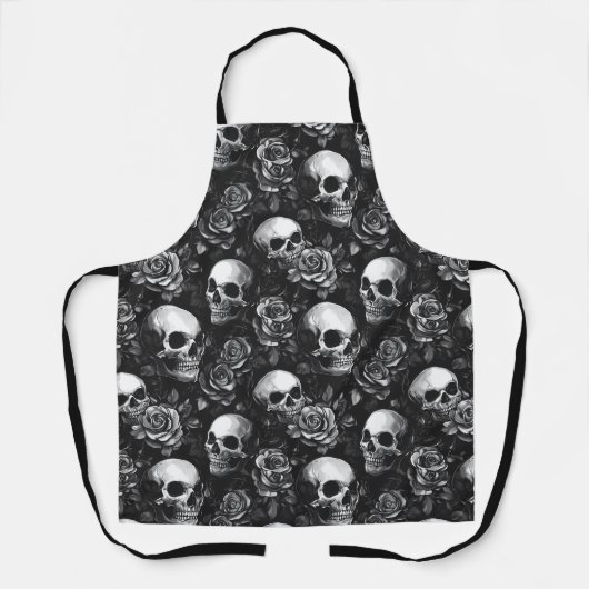 Schedels en Rozen zwart Halloween Schort (Voorkant)