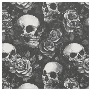 Schedels en Rozen zwart Halloween Stof