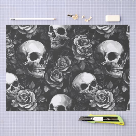 Schedels en Rozen zwart Halloween Tissuepapier (Craft)