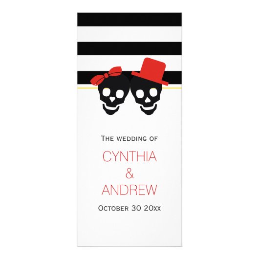Schedels en strepen rood Halloween bruiloft progra Reclamekaart (Voorkant)
