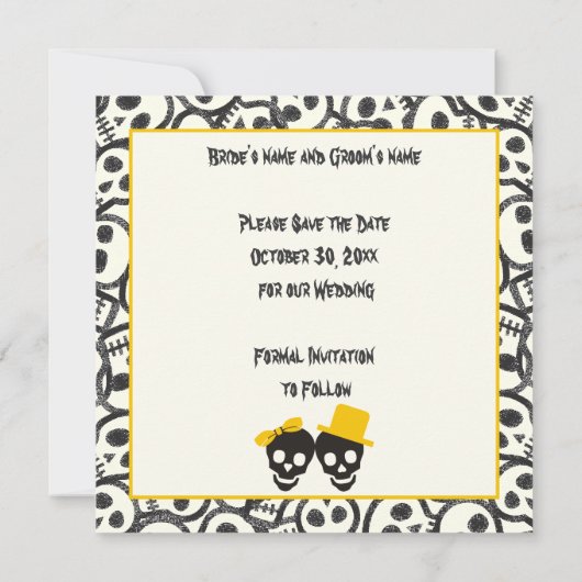 Schedels Halloween gele bruiloft Save the Date (Achterkant)