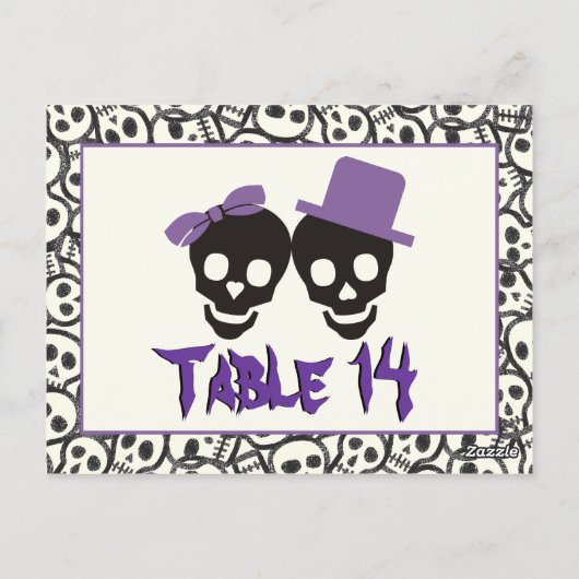 Schedels Halloween paarse zwarte trouwtafel nummer Briefkaart (Achterkant)