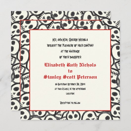 Schedels Halloween rood zwart bruiloft uitnodiging (Voorkant / Achterkant)