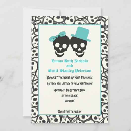 Schedels Halloween turquoise bruiloft uitnodiging (Voorkant)