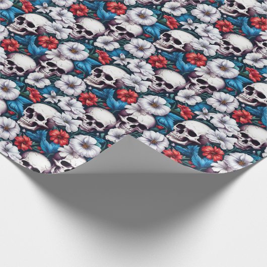 Schedels met rode en witte bloemen cadeaupapier (Hoek)