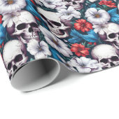 Schedels met rode en witte bloemen cadeaupapier (Rol Hoek)