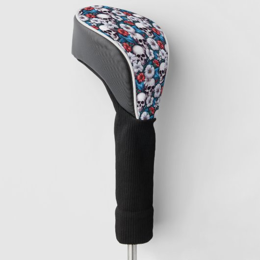 Schedels met rode en witte bloemen golfheadcover (Schuin)