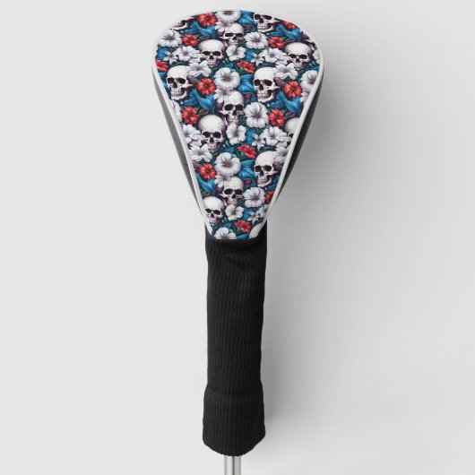 Schedels met rode en witte bloemen golfheadcover (Voorkant)