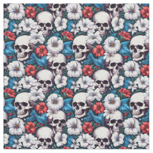Schedels met rode en witte bloemen stof
