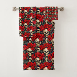 Schedels met rode en zwarte Rozen Bad Handdoek