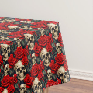 Schedels met rode en zwarte Rozen Tafelkleed