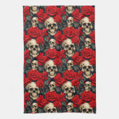 Schedels met rode en zwarte Rozen Theedoek (Verticaal)