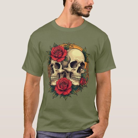 Schedels Met Rode Rozen T-shirt (Voorkant)