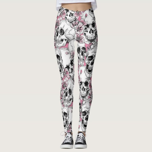 Schedels met roze bloemen leggings (Voorkant)