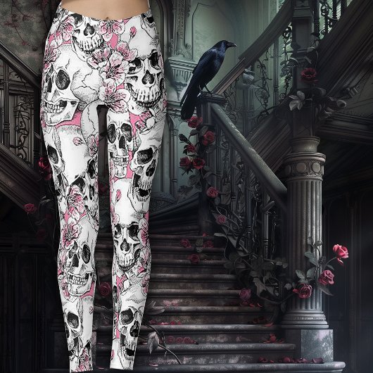 Schedels met roze bloemen leggings