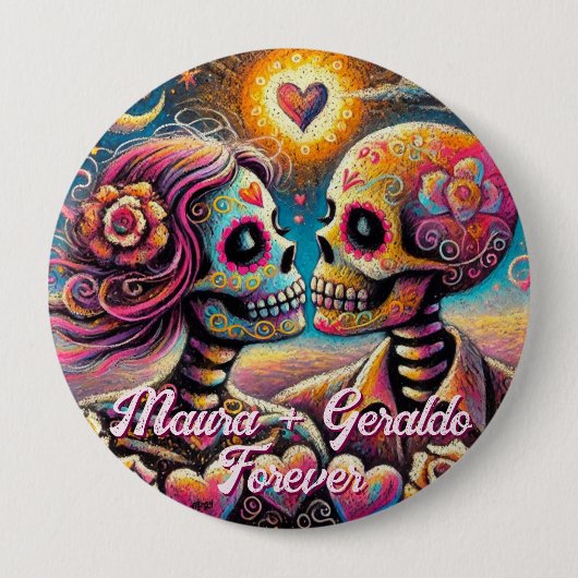 Schedels met suiker in liefde, gepersonaliseerde k ronde button 4,0 cm (Voorkant)