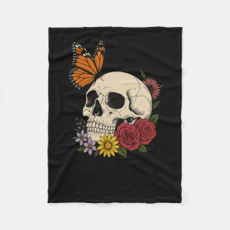 Schedels Monarch Vlinder Bloemen Halloween Mannen  Fleece Deken