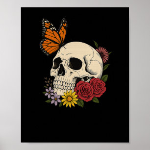 Schedels Monarch Vlinder Bloemen Halloween Mannen  Poster