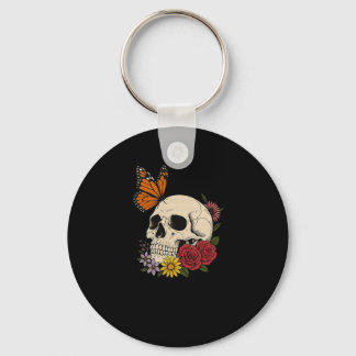 Schedels Monarch Vlinder Bloemen Halloween Mannen  Sleutelhanger