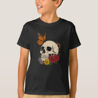 Schedels Monarch Vlinder Bloemen Halloween Mannen  T-shirt