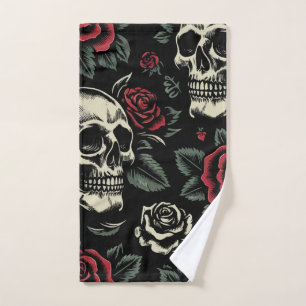 Schedels & Rode Rozen Gotische Bloemen Bad Handdoek