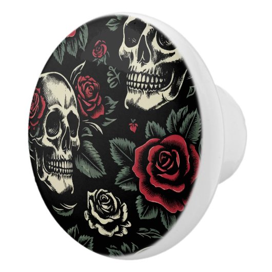 Schedels & Rode Rozen Gotische Bloemen Keramische Knop (Rechts)