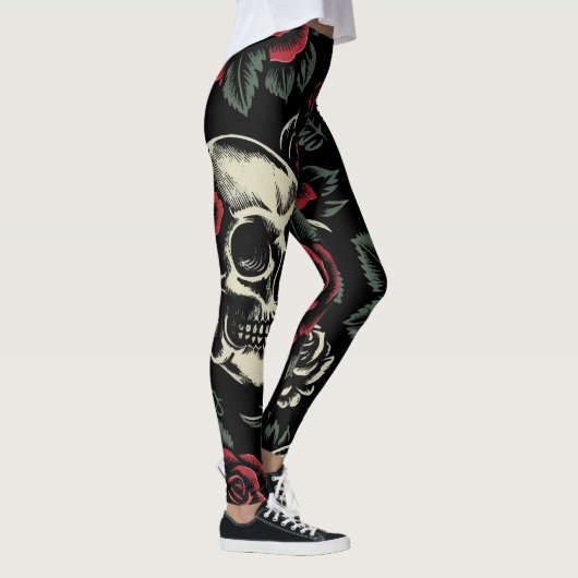 Schedels & Rode Rozen Gotische Bloemen Leggings (Rechts)
