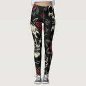 Schedels & Rode Rozen Gotische Bloemen Leggings (Voorkant)