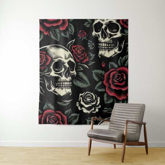 Schedels & Rode Rozen Gotische Bloemen Wandkleed (In situ)