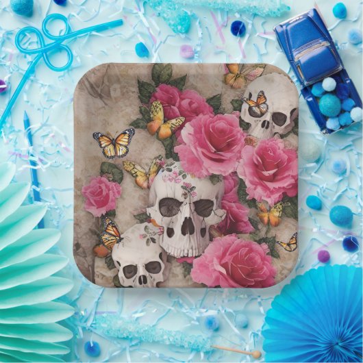 Schedels Roze Rozen en Monarch Vlinders Papieren Bordje (Feest)