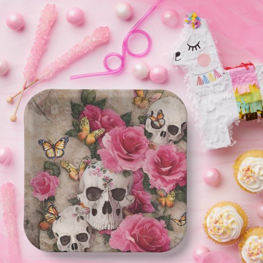 Schedels Roze Rozen en Monarch Vlinders Papieren Bordje (Feest)