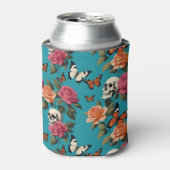 Schedels Rozen en Vlinders Bloemen Blauwgroen Blikjeskoeler (Blikje Voorkant)