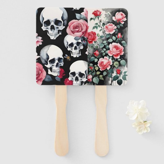 Schedels Rozen en Vlinders Goth Waterverf Handwaaier (Voorkant en achterkant)